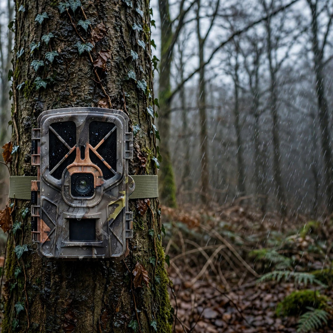 Caméra de chasse ZS A400 Pro sanglée sur un tronc sous la pluie en forêt d'hiver