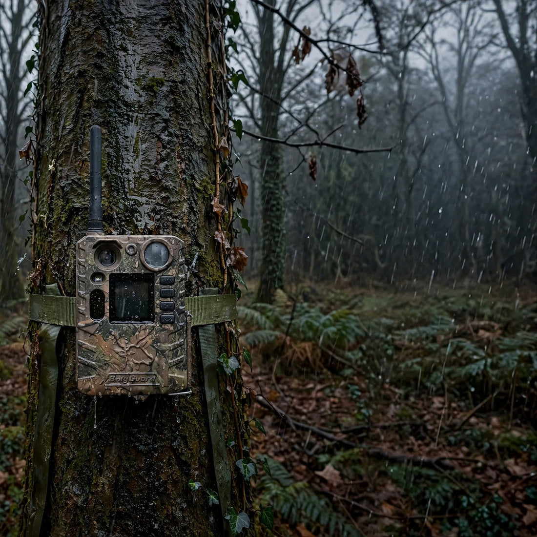 Caméra de chasse 4G ZS G400S sanglée sur un tronc, sous la pluie dans une forêt d'hiver