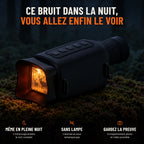 Ce bruit dans la nuit, vous allez enfin le voir : monoculaire de vision nocturne posé sur une souche moussue la nuit. Même en pleine nuit, sans lampe, enregistrement photo et vidéo possible