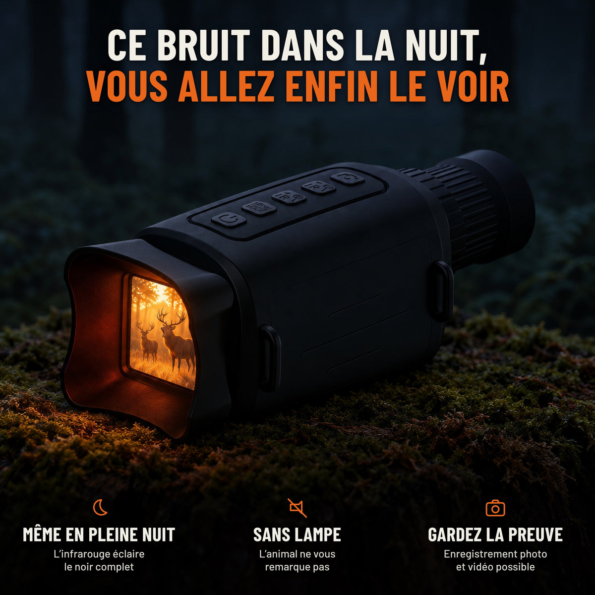 Ce bruit dans la nuit, vous allez enfin le voir : monoculaire de vision nocturne posé sur une souche moussue la nuit. Même en pleine nuit, sans lampe, enregistrement photo et vidéo possible