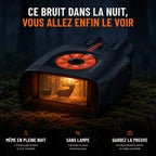 Ce bruit dans la nuit, vous allez enfin le voir : jumelles de vision nocturne posées sur une souche moussue la nuit. Même en pleine nuit, sans lampe, enregistrement photo et vidéo possible