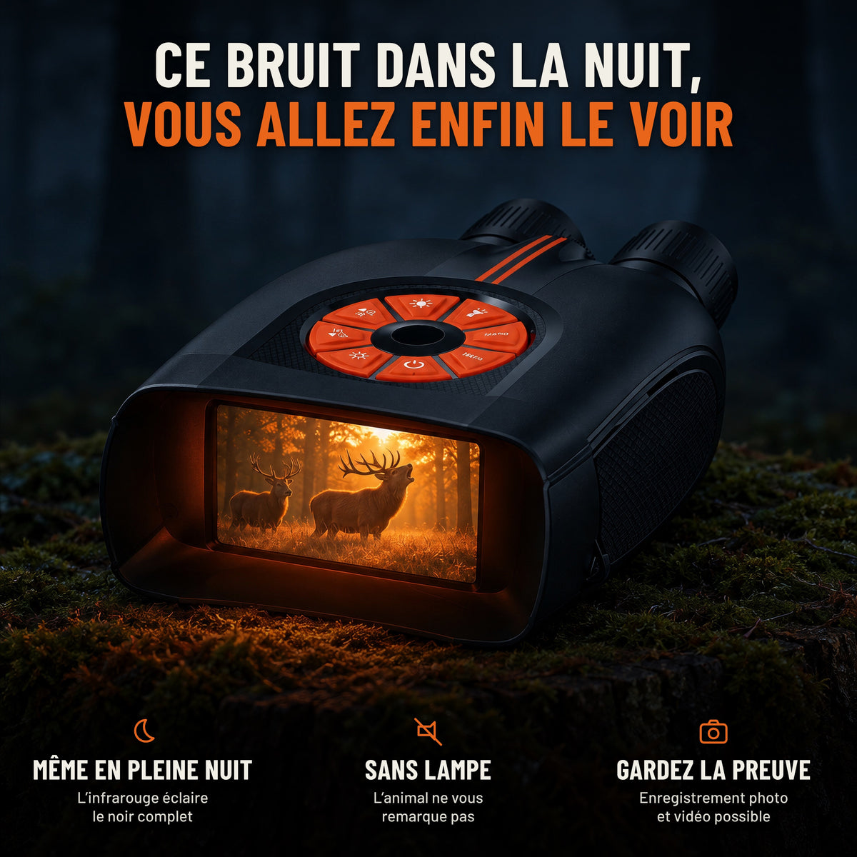 Ce bruit dans la nuit, vous allez enfin le voir : jumelles de vision nocturne posées sur une souche moussue la nuit. Même en pleine nuit, sans lampe, enregistrement photo et vidéo possible