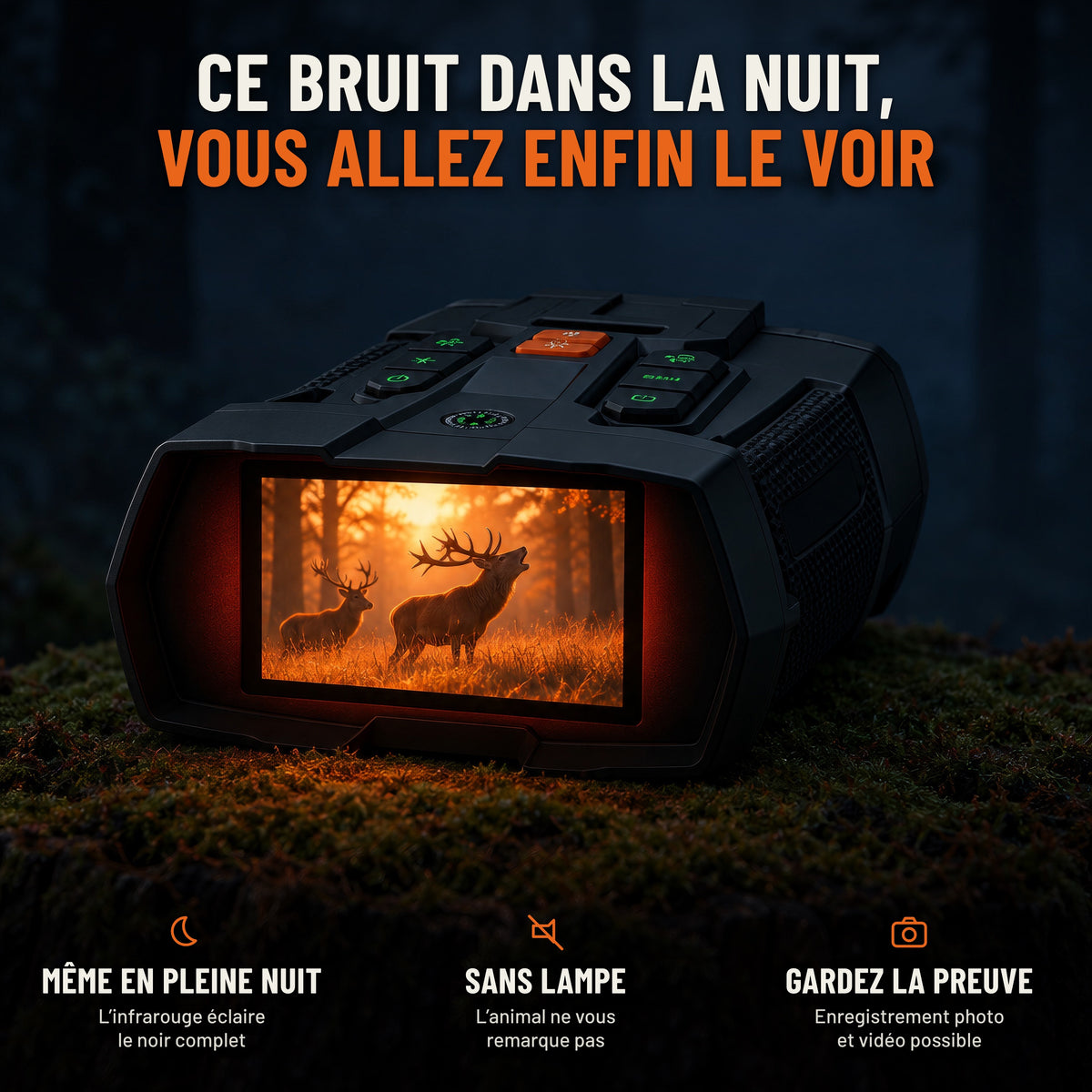 Ce bruit dans la nuit, vous allez enfin le voir : jumelles de vision nocturne posées sur une souche moussue la nuit. Même en pleine nuit, sans lampe, enregistrement photo et vidéo possible
