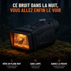 Ce bruit dans la nuit, vous allez enfin le voir : monoculaire de vision nocturne posé sur une souche moussue la nuit. Même en pleine nuit, sans lampe, enregistrement photo et vidéo possible