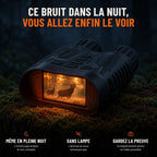 Ce bruit dans la nuit, vous allez enfin le voir : jumelles de vision nocturne posées sur une souche moussue la nuit. Même en pleine nuit, sans lampe, enregistrement photo et vidéo possible