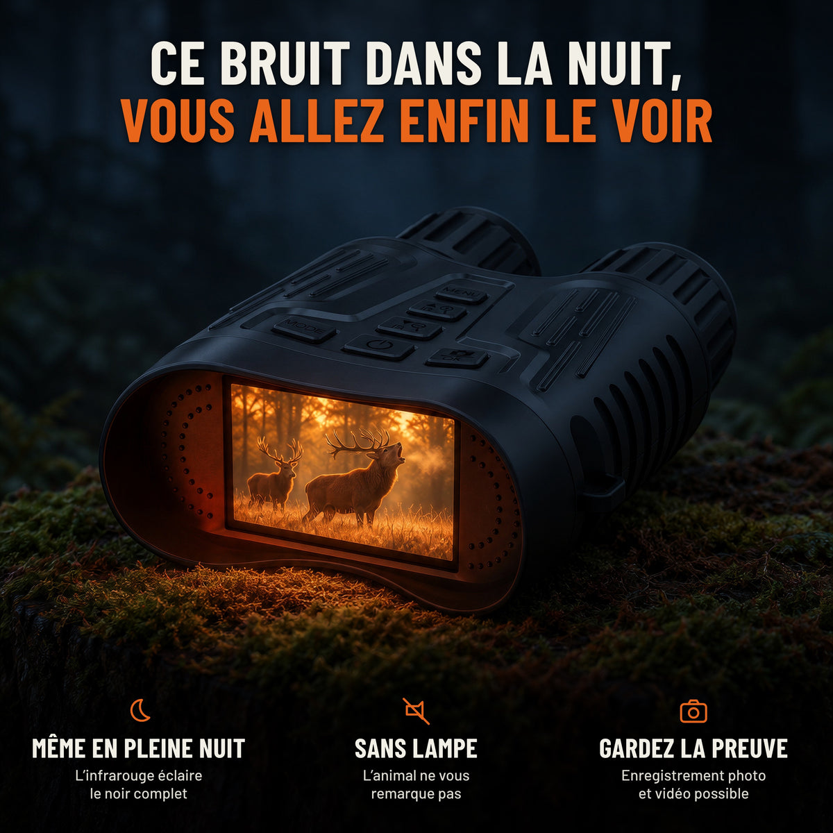 Ce bruit dans la nuit, vous allez enfin le voir : jumelles de vision nocturne posées sur une souche moussue la nuit. Même en pleine nuit, sans lampe, enregistrement photo et vidéo possible