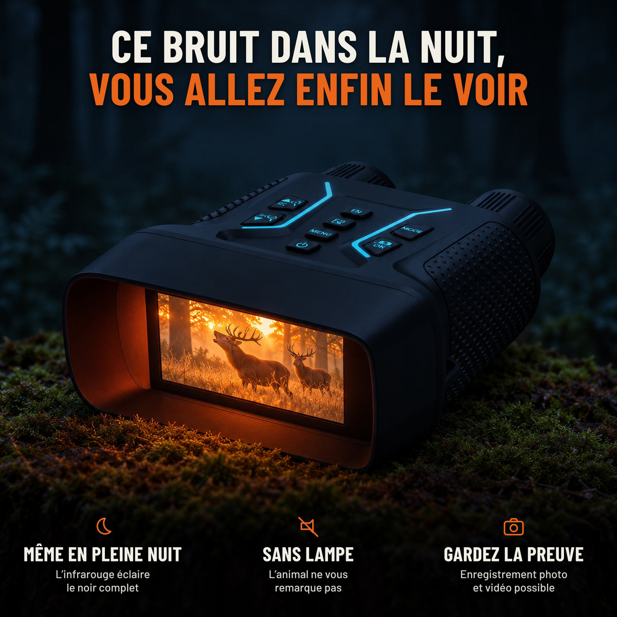 Ce bruit dans la nuit, vous allez enfin le voir : jumelles de vision nocturne posées sur une souche moussue la nuit. Même en pleine nuit, sans lampe, enregistrement photo et vidéo possible