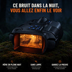 Ce bruit dans la nuit, vous allez enfin le voir : jumelles de vision nocturne posées sur une souche moussue la nuit. Même en pleine nuit, sans lampe, enregistrement photo et vidéo possible