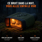 Ce bruit dans la nuit, vous allez enfin le voir : jumelles de vision nocturne posées sur une souche moussue la nuit. Même en pleine nuit, sans lampe, enregistrement photo et vidéo possible