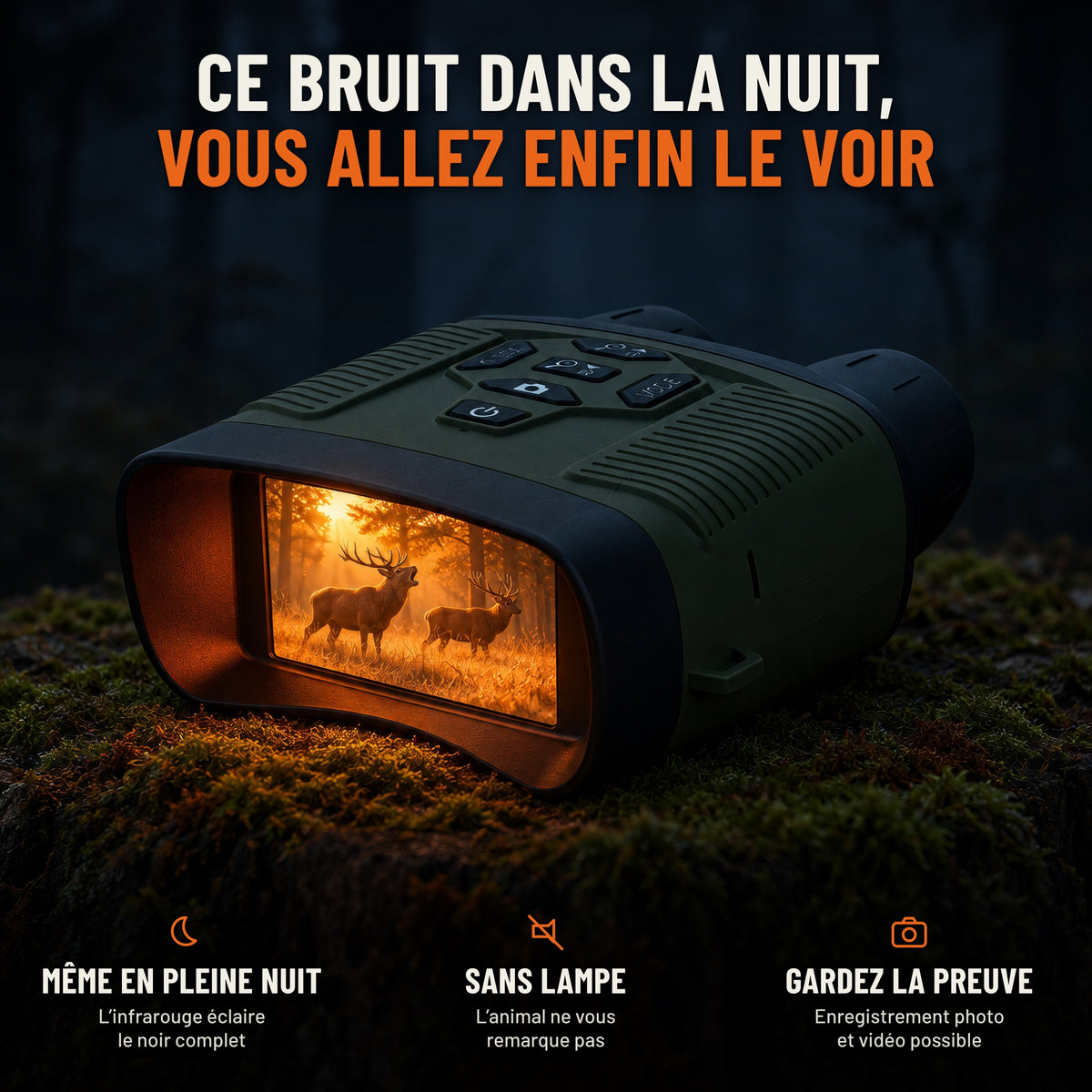 Ce bruit dans la nuit, vous allez enfin le voir : jumelles de vision nocturne posées sur une souche moussue la nuit. Même en pleine nuit, sans lampe, enregistrement photo et vidéo possible