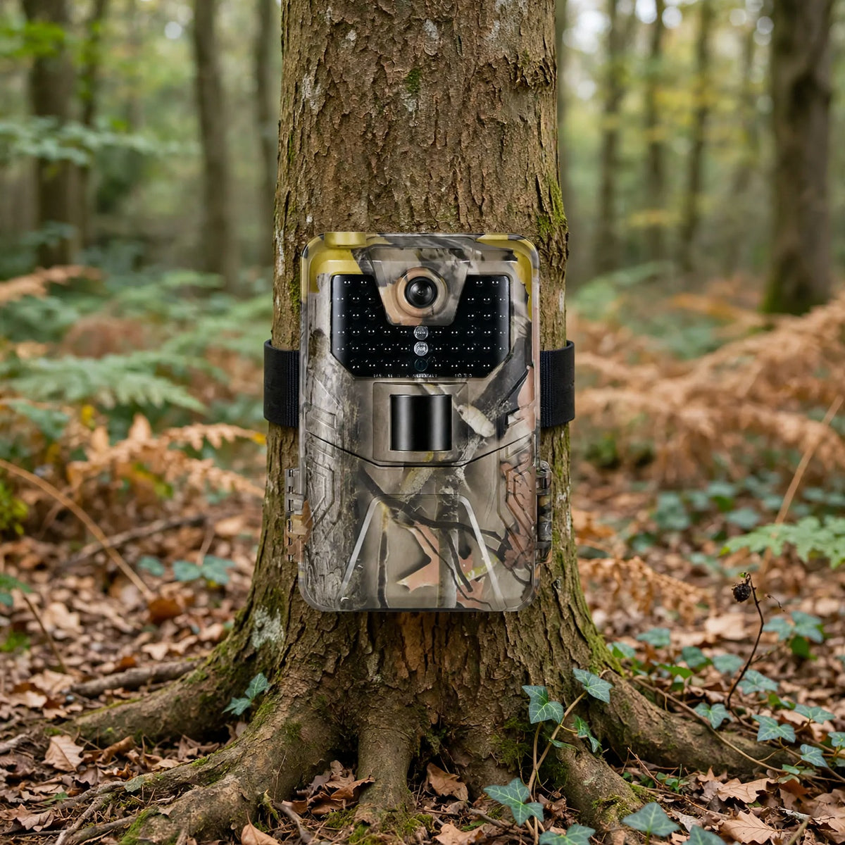 Caméra de chasse WiFi connectée au téléphone sans abonnement, fixée à un arbre en forêt
