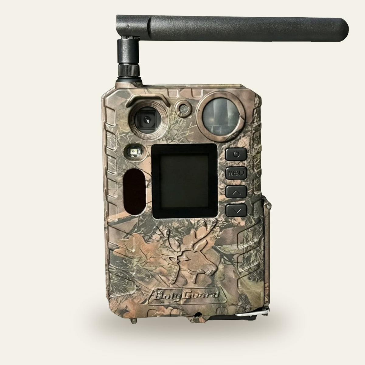 Caméra de chasse 4G connectée au téléphone 4K avec son antenne, vue de face