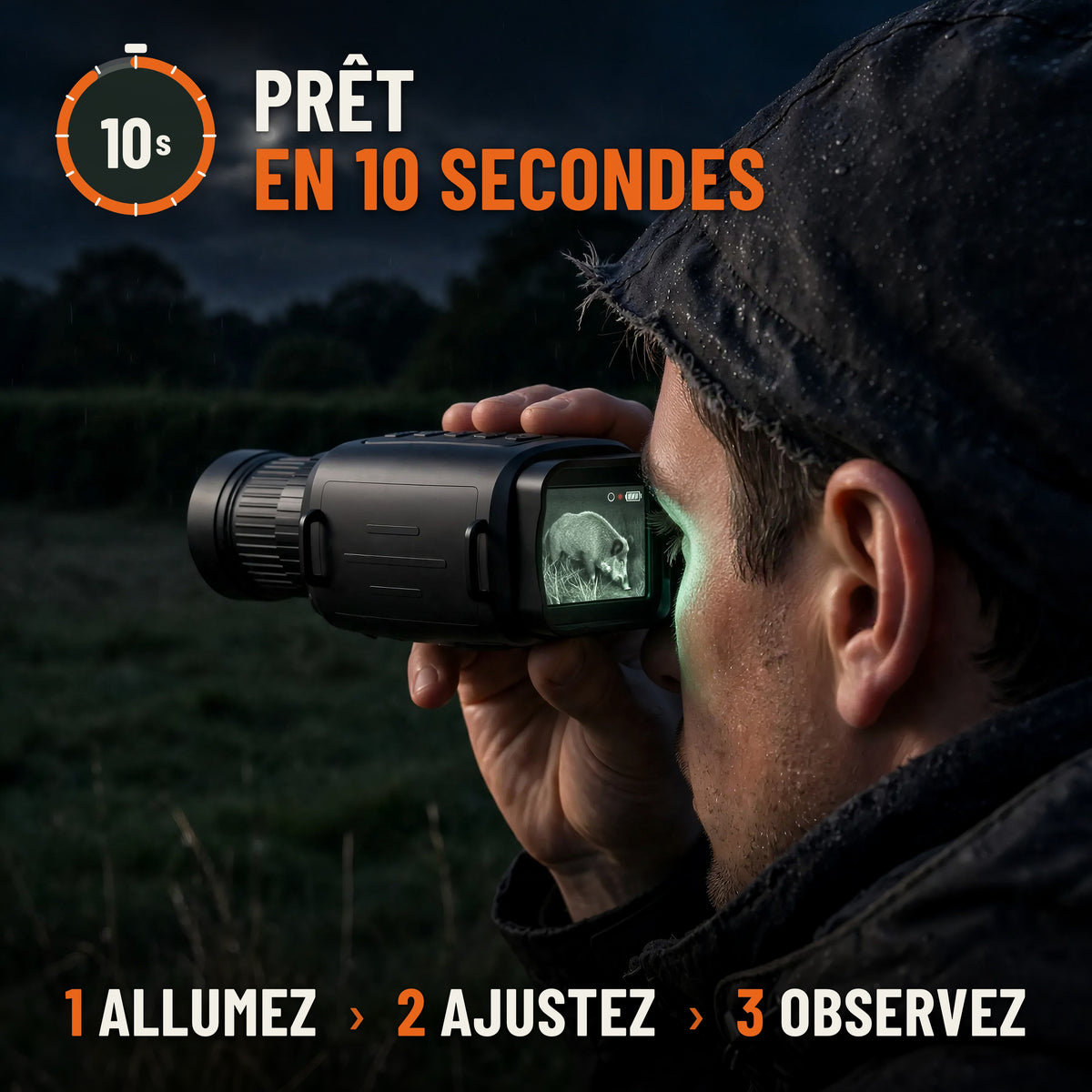 Monoculaire de vision nocturne prêt en 10 secondes : allumez, ajustez, observez. Homme observant une prairie la nuit, écran allumé en infrarouge