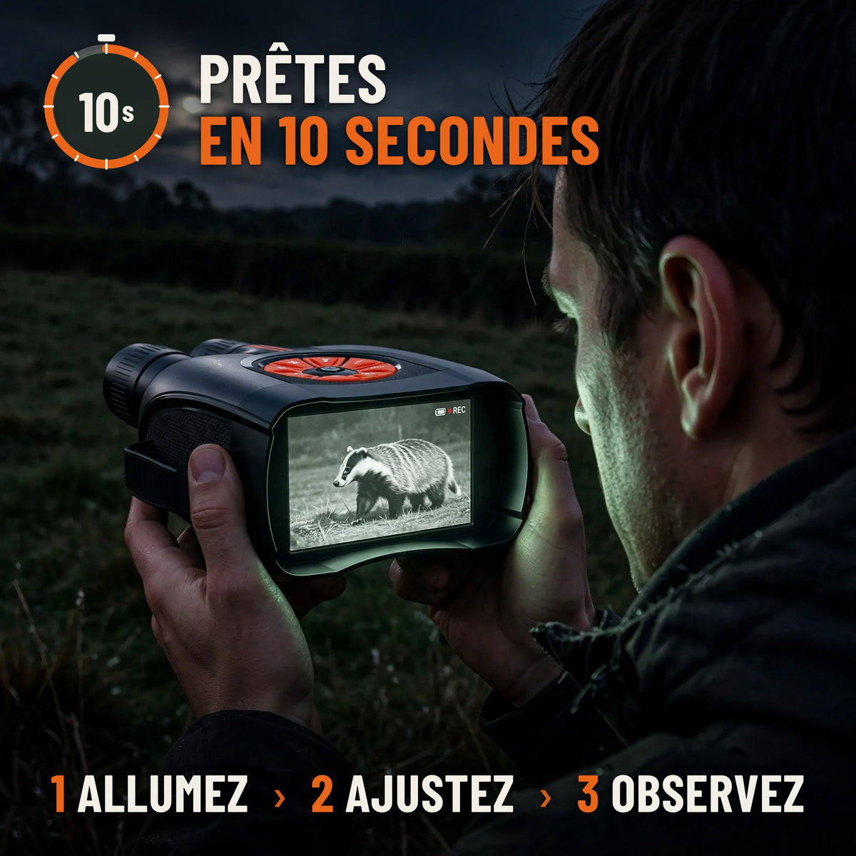 Jumelles de vision nocturne prêtes en 10 secondes : allumez, ajustez, observez. Homme observant une prairie la nuit, écran allumé en infrarouge