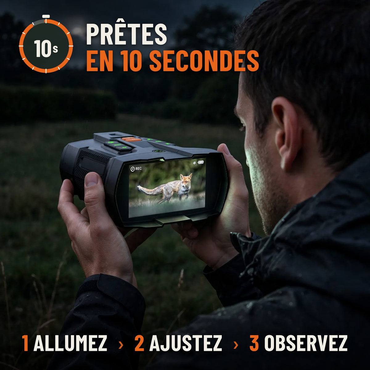Jumelles de vision nocturne prêtes en 10 secondes : allumez, ajustez, observez. Homme observant une prairie la nuit, écran allumé en infrarouge
