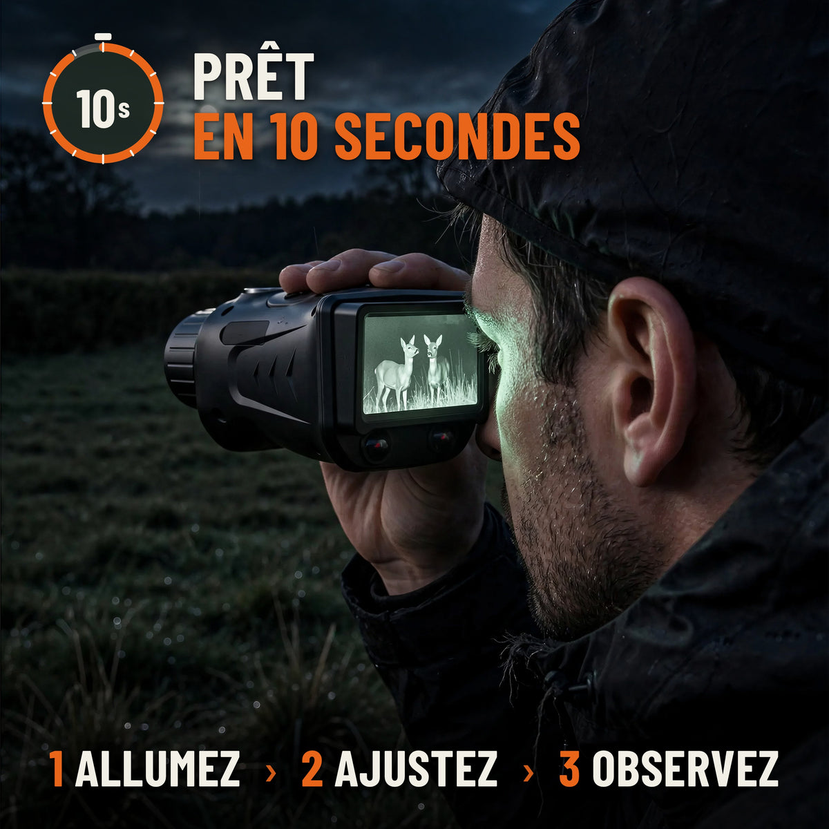 Monoculaire de vision nocturne prêt en 10 secondes : allumez, ajustez, observez. Homme observant une prairie la nuit, écran allumé en infrarouge