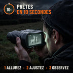 Jumelles de vision nocturne prêtes en 10 secondes : allumez, ajustez, observez. Homme observant une prairie la nuit, écran allumé en infrarouge