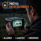 Jumelles de vision nocturne prêtes en 10 secondes : allumez, ajustez, observez. Homme observant une prairie la nuit, écran allumé en infrarouge