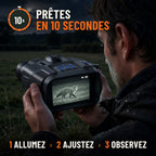 Jumelles de vision nocturne prêtes en 10 secondes : allumez, ajustez, observez. Homme observant une prairie la nuit, écran allumé en infrarouge