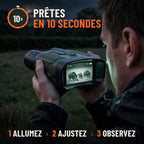 Jumelles de vision nocturne prêtes en 10 secondes : allumez, ajustez, observez. Homme observant une prairie la nuit, écran allumé en infrarouge