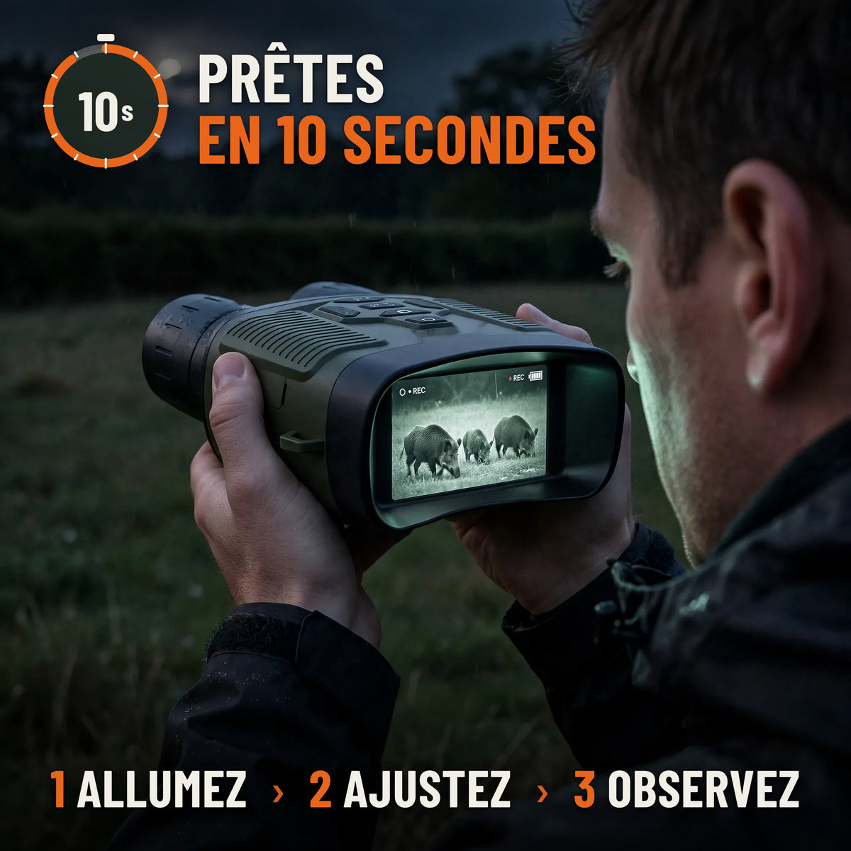 Jumelles de vision nocturne prêtes en 10 secondes : allumez, ajustez, observez. Homme observant une prairie la nuit, écran allumé en infrarouge
