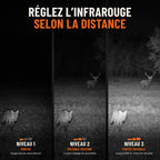 Infrarouge réglable sur 3 niveaux selon la distance : niveau 1 pour un animal proche, niveau 2 à moyenne distance, niveau 3 pour la portée maximale jusqu'à 600 m, avec un renard, un cerf et un sanglier la nuit