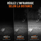 Infrarouge réglable sur 7 niveaux selon la distance : niveaux 1-2 pour un animal proche, 3-5 à moyenne distance, 6-7 pour la portée maximale jusqu'à 800 m, avec un renard, un cerf et un sanglier la nuit