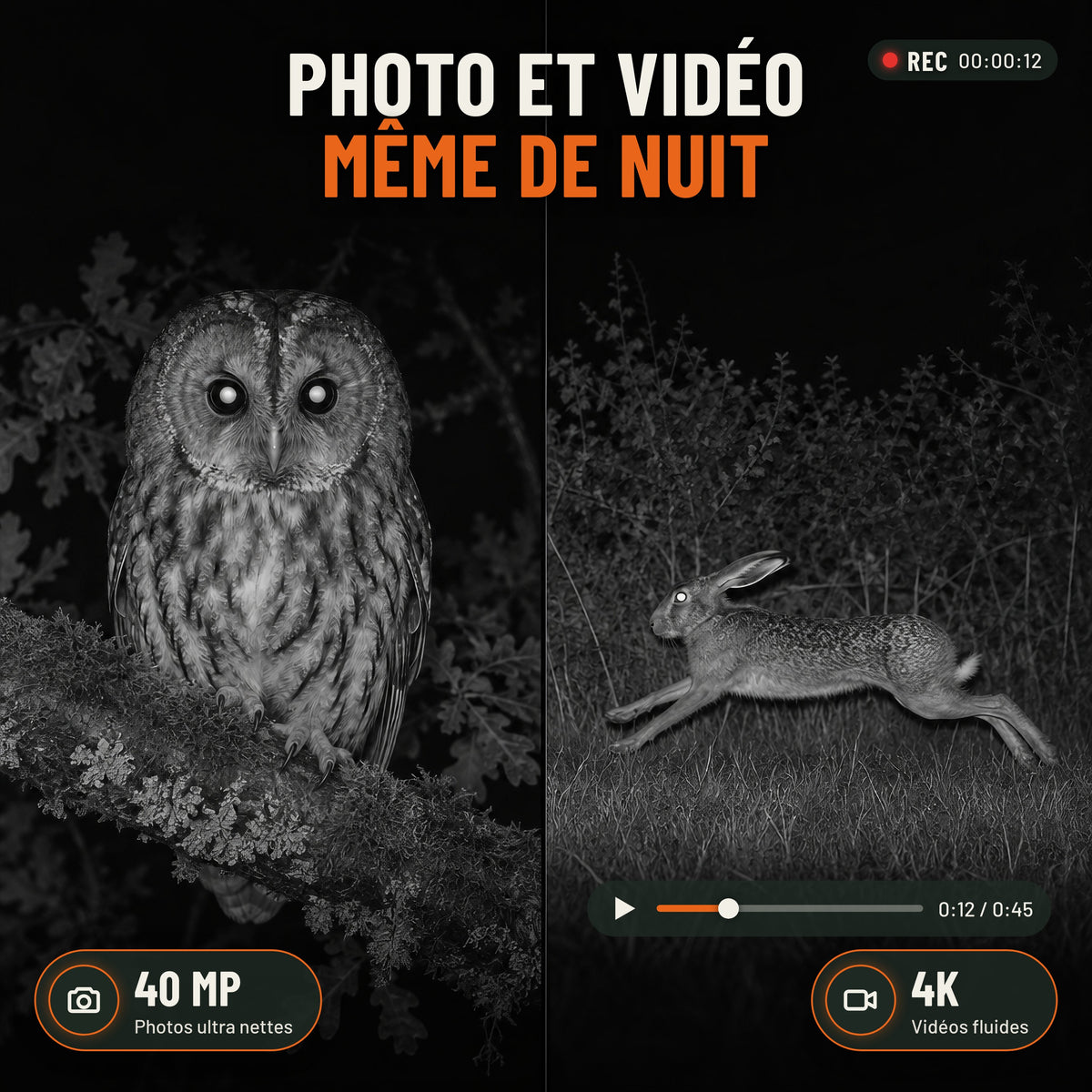 Vision nocturne, photo 40 MP et vidéo 4K même de nuit : chouette photographiée et lièvre filmé en infrarouge