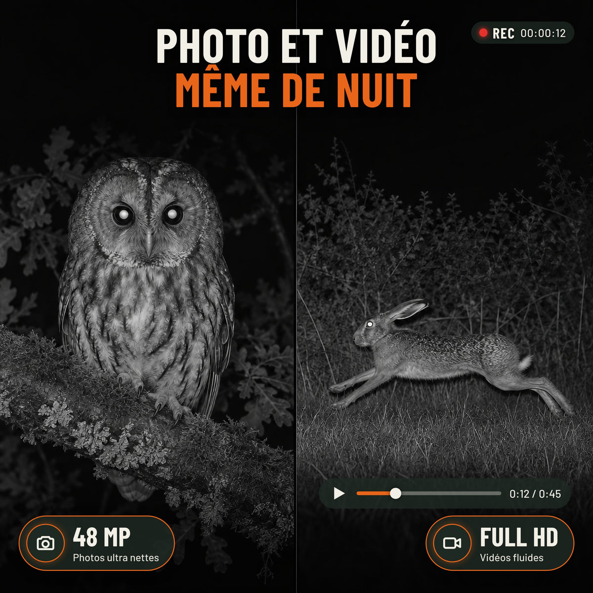 Vision nocturne, photo 48 MP et vidéo Full HD même de nuit : chouette photographiée et lièvre filmé en infrarouge