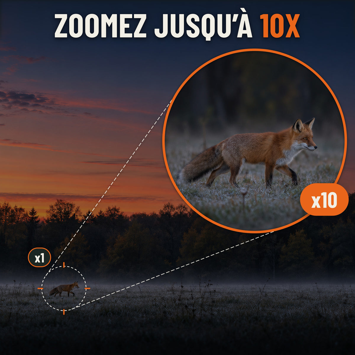 Vision nocturne avec zoom jusqu'à 10X : renard repéré au loin en lisière au crépuscule et vue agrandie