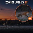 Vision nocturne avec zoom jusqu'à 8X : renard repéré au loin en lisière au crépuscule et vue agrandie