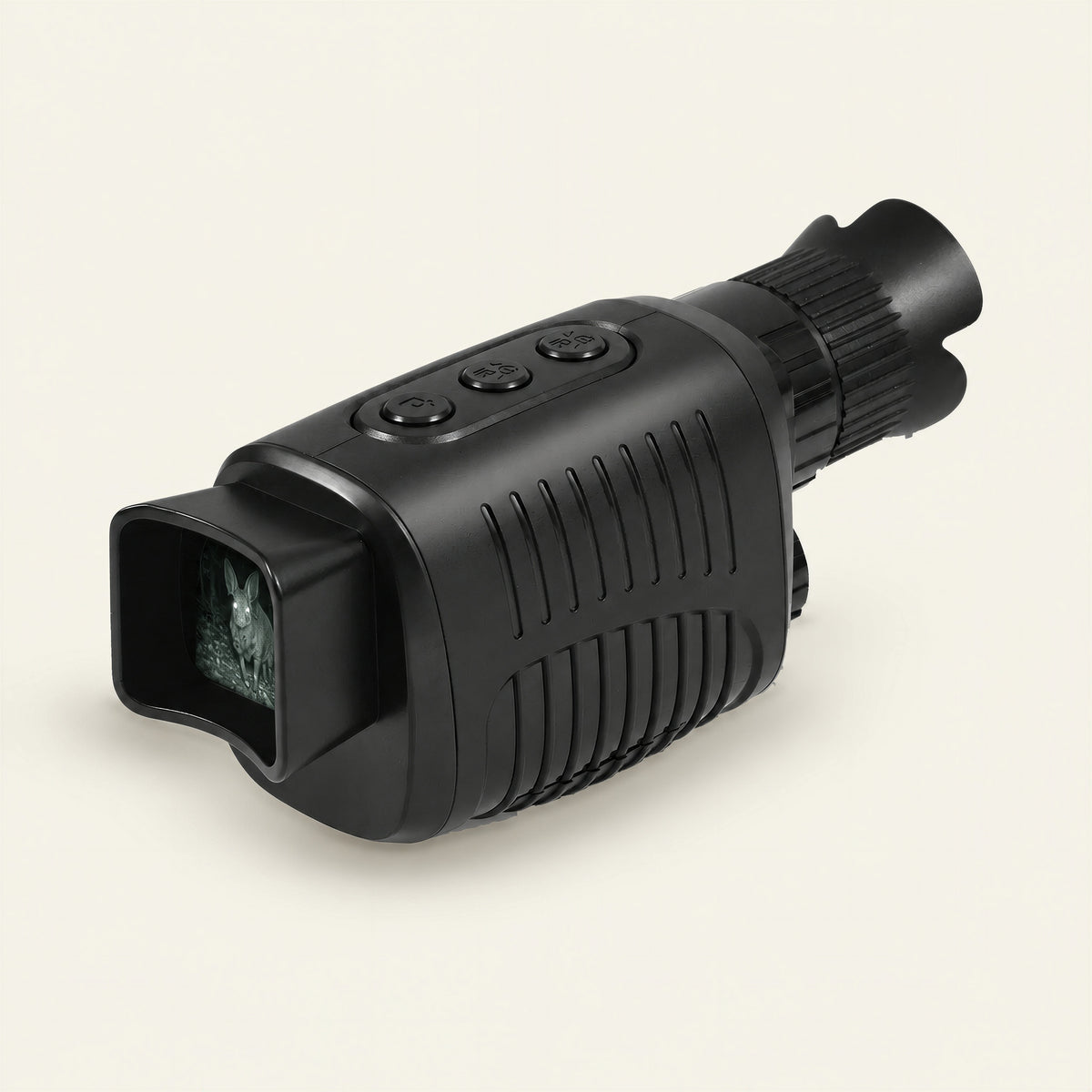 Monoculaire vision nocturne infrarouge rechargeable, écran allumé, vue de trois-quarts