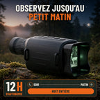 Monoculaire de vision nocturne avec 12 heures d'autonomie : observez jusqu'au petit matin, monoculaire posé sur une souche moussue, écran allumé