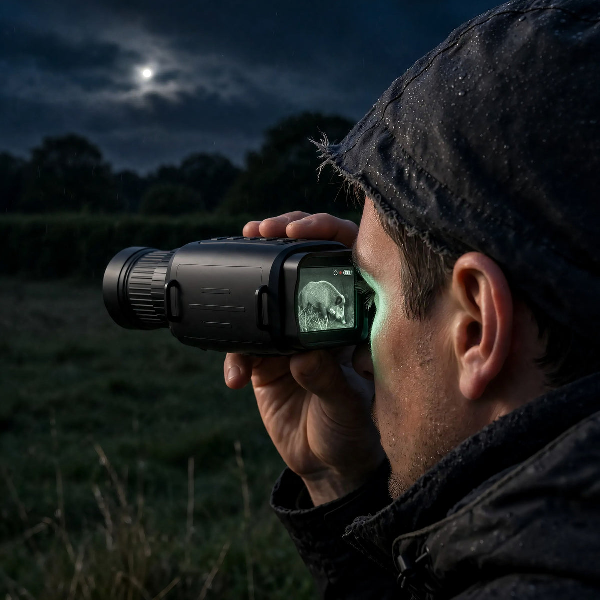 Homme qui observe la nuit avec son monoculaire de vision nocturne ZS N200M Pro