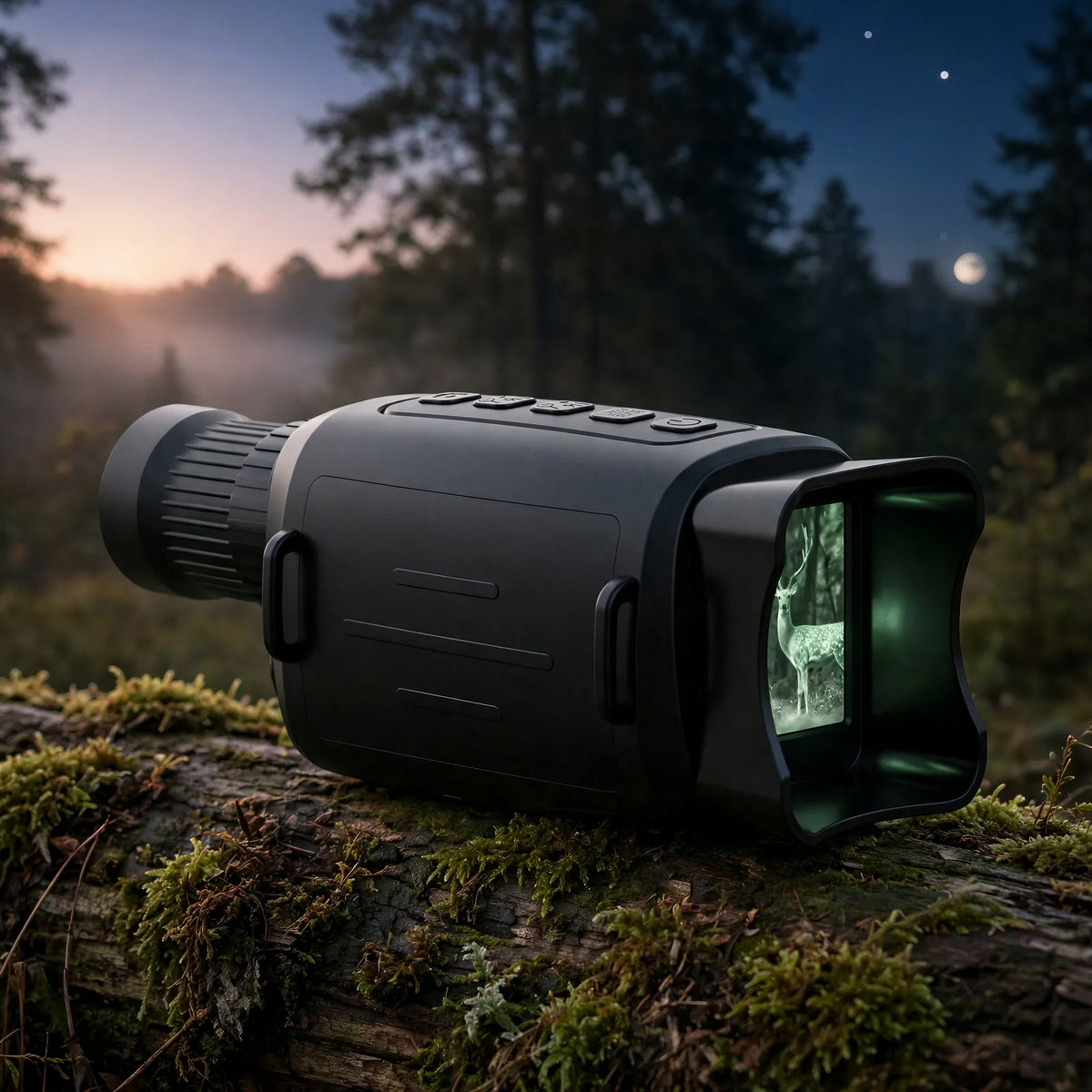 Monoculaire de vision nocturne ZS N200M Pro allumé sur un tronc moussu, ciel de nuit vers l'aube