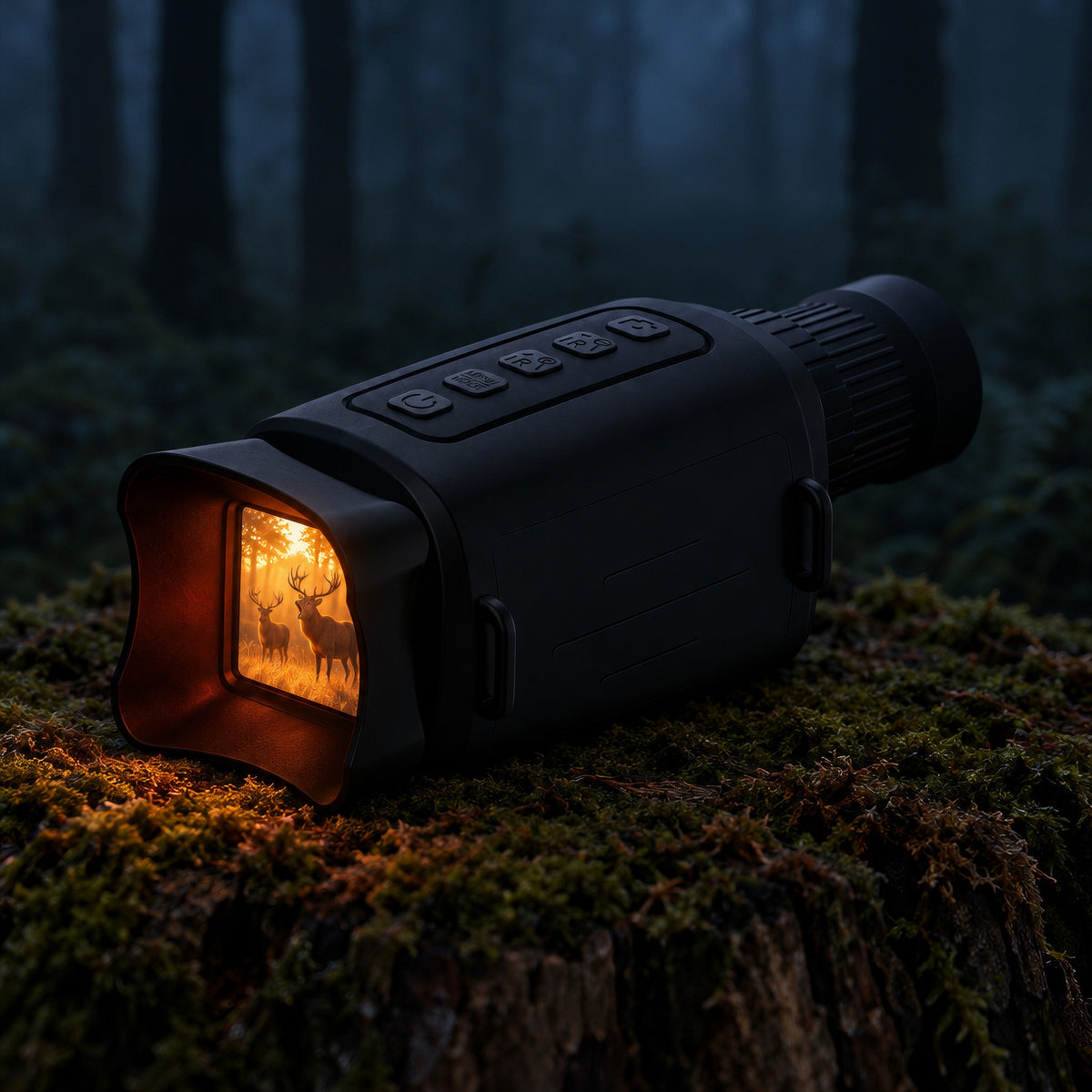 Monoculaire de vision nocturne posé sur une souche moussue en forêt, la nuit, écran allumé montrant deux cerfs qui brament
