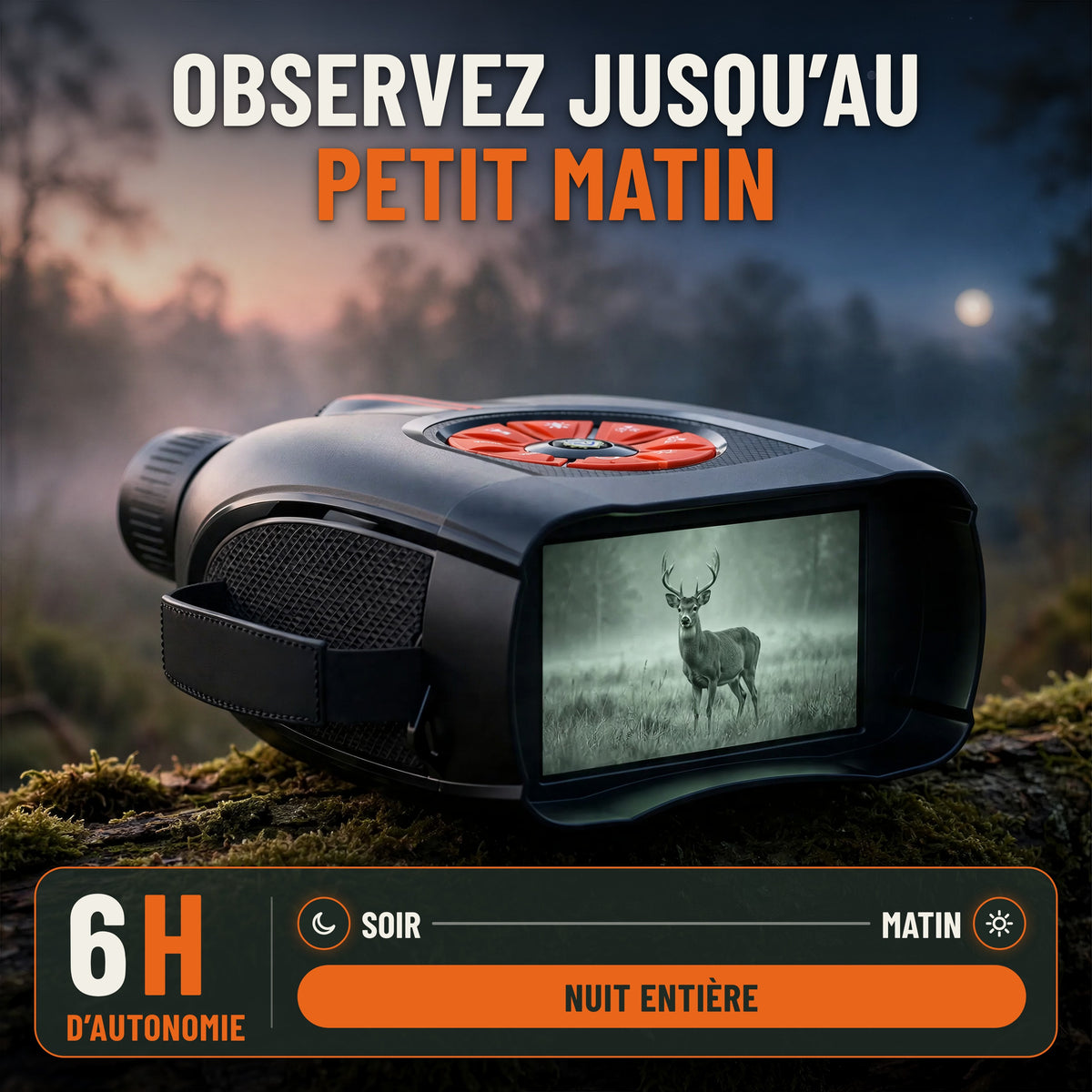 Jumelles de vision nocturne avec 6 heures d'autonomie : observez jusqu'au petit matin, jumelles posées sur une souche moussue, écran allumé