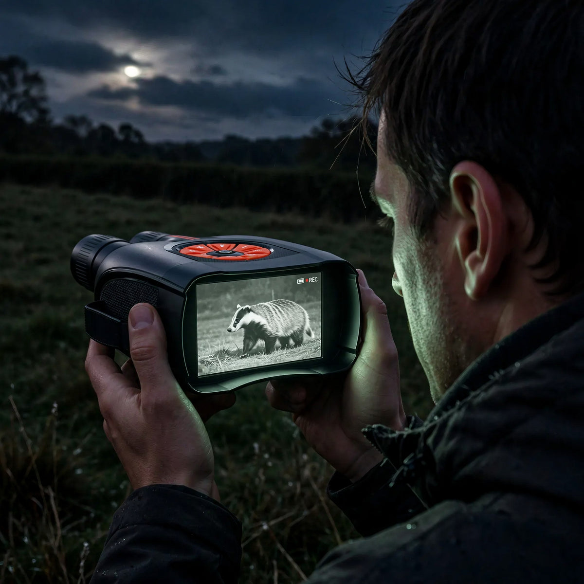 Homme qui observe la nuit à travers ses jumelles de vision nocturne ZS N250J