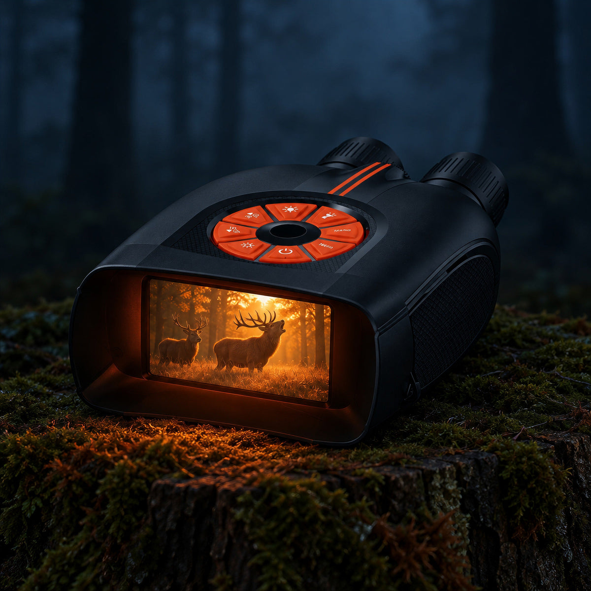 Jumelles de vision nocturne posées à plat sur une souche moussue en forêt, la nuit, écran allumé montrant deux cerfs qui brament