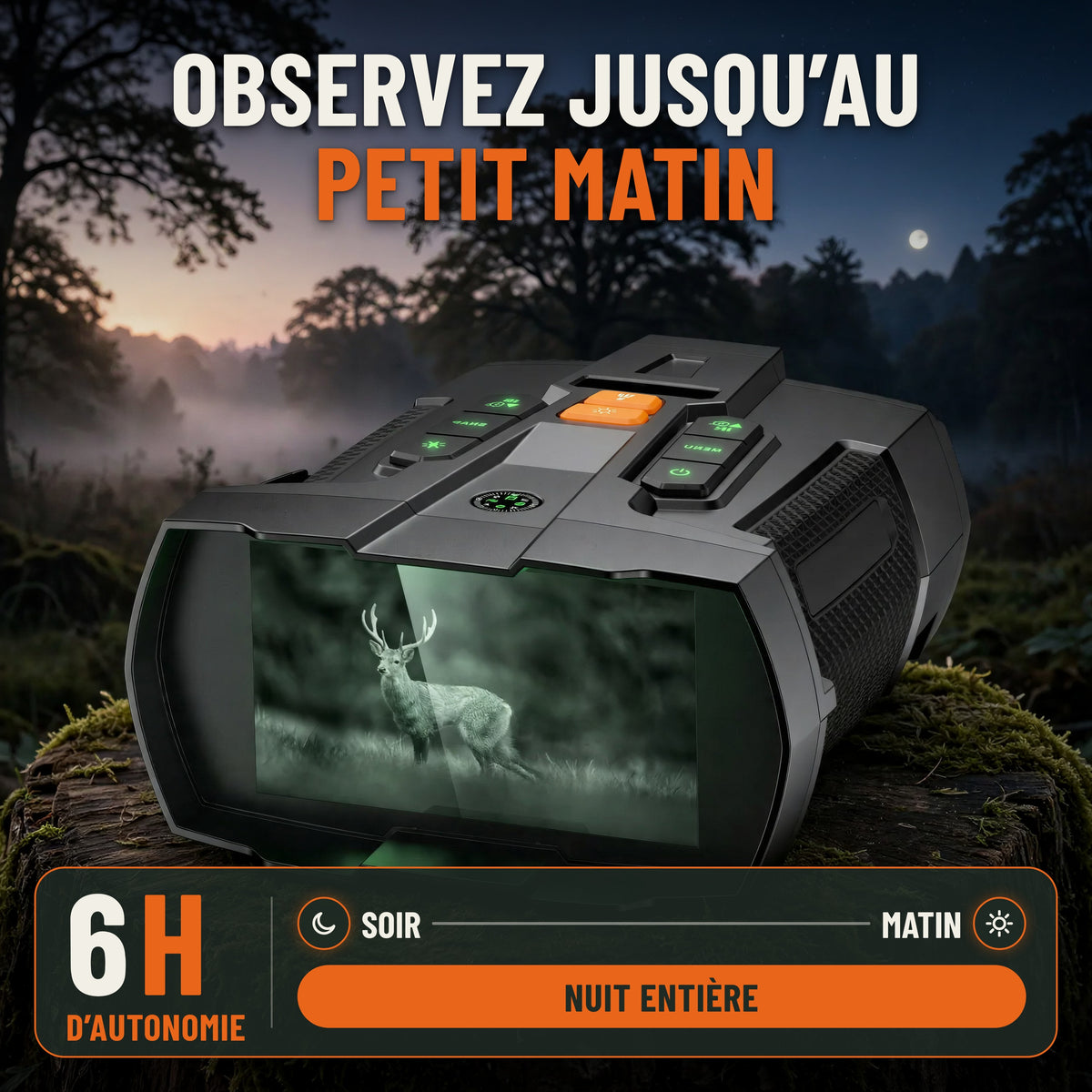 Jumelles de vision nocturne avec 6 heures d'autonomie : observez jusqu'au petit matin, jumelles posées sur une souche moussue, écran allumé
