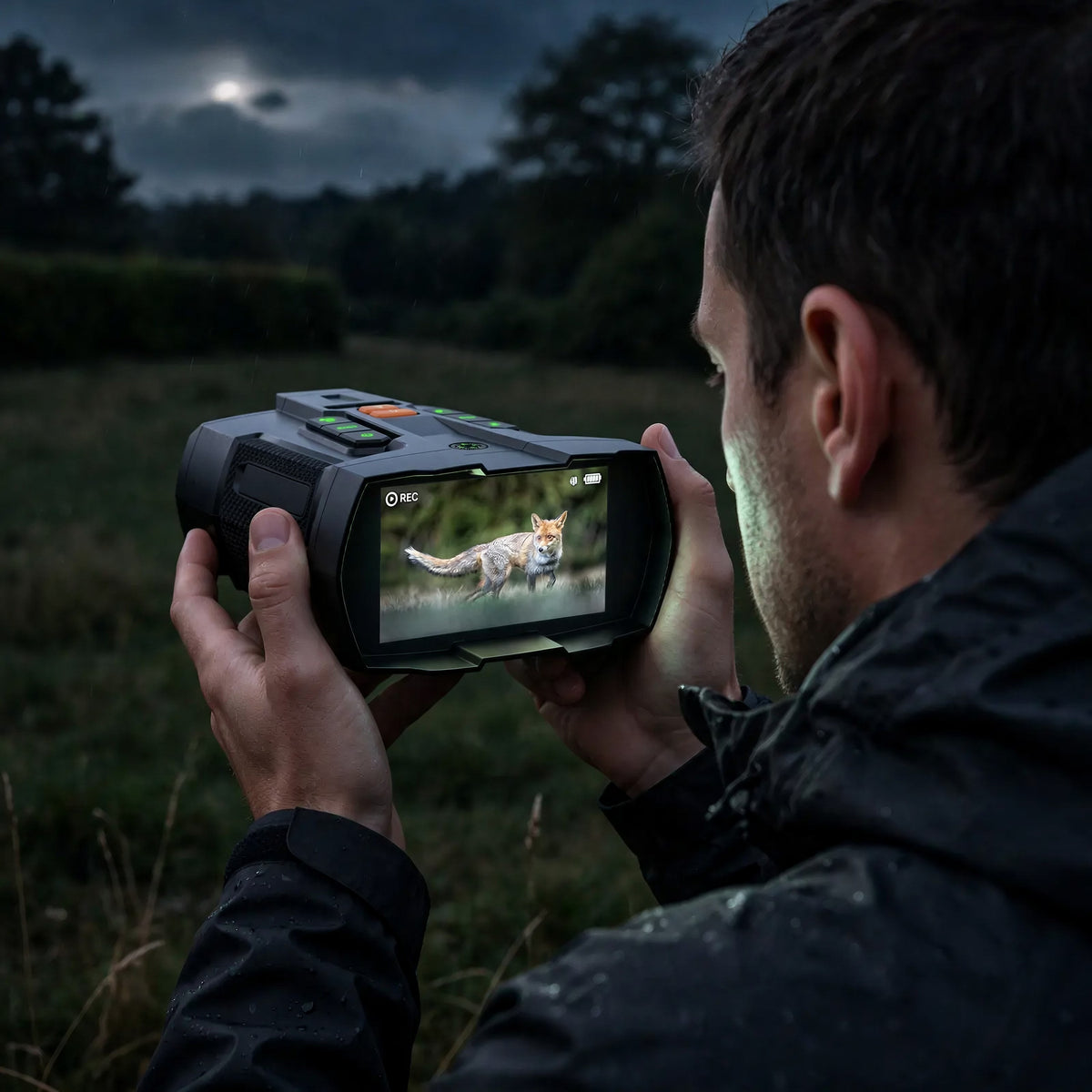 Homme qui observe la nuit à travers ses jumelles de vision nocturne ZS N300J Pro