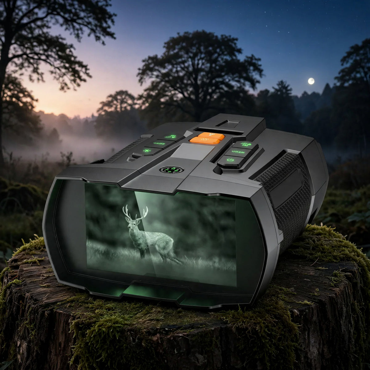 Jumelles de vision nocturne ZS N300J Pro allumées sur un tronc moussu, ciel de nuit vers l'aube