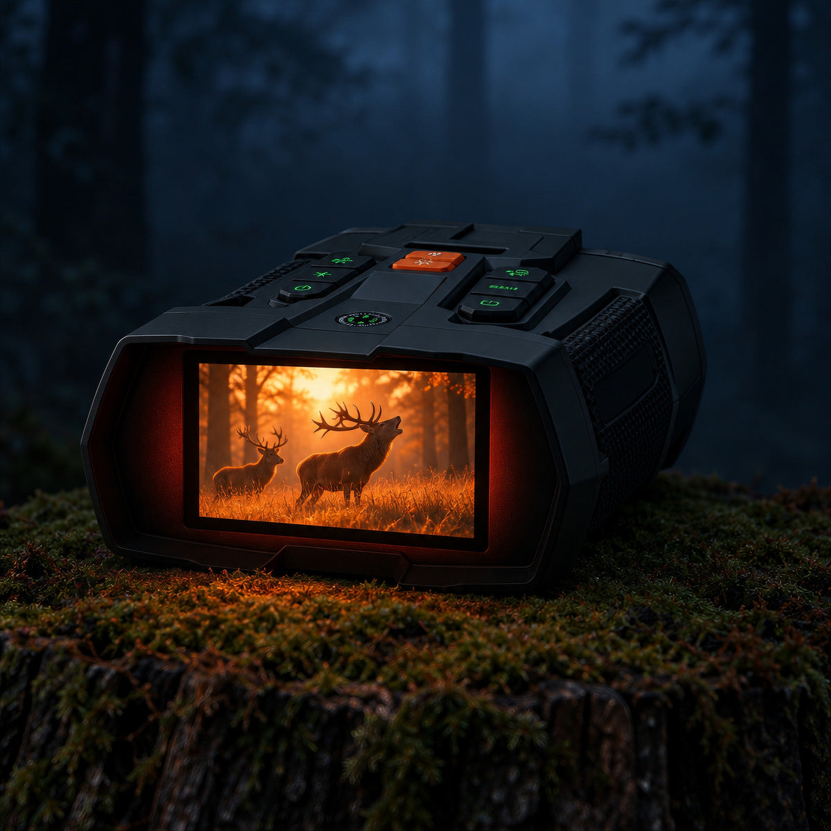 Jumelles de vision nocturne posées à plat sur une souche moussue en forêt, la nuit, écran allumé montrant deux cerfs qui brament