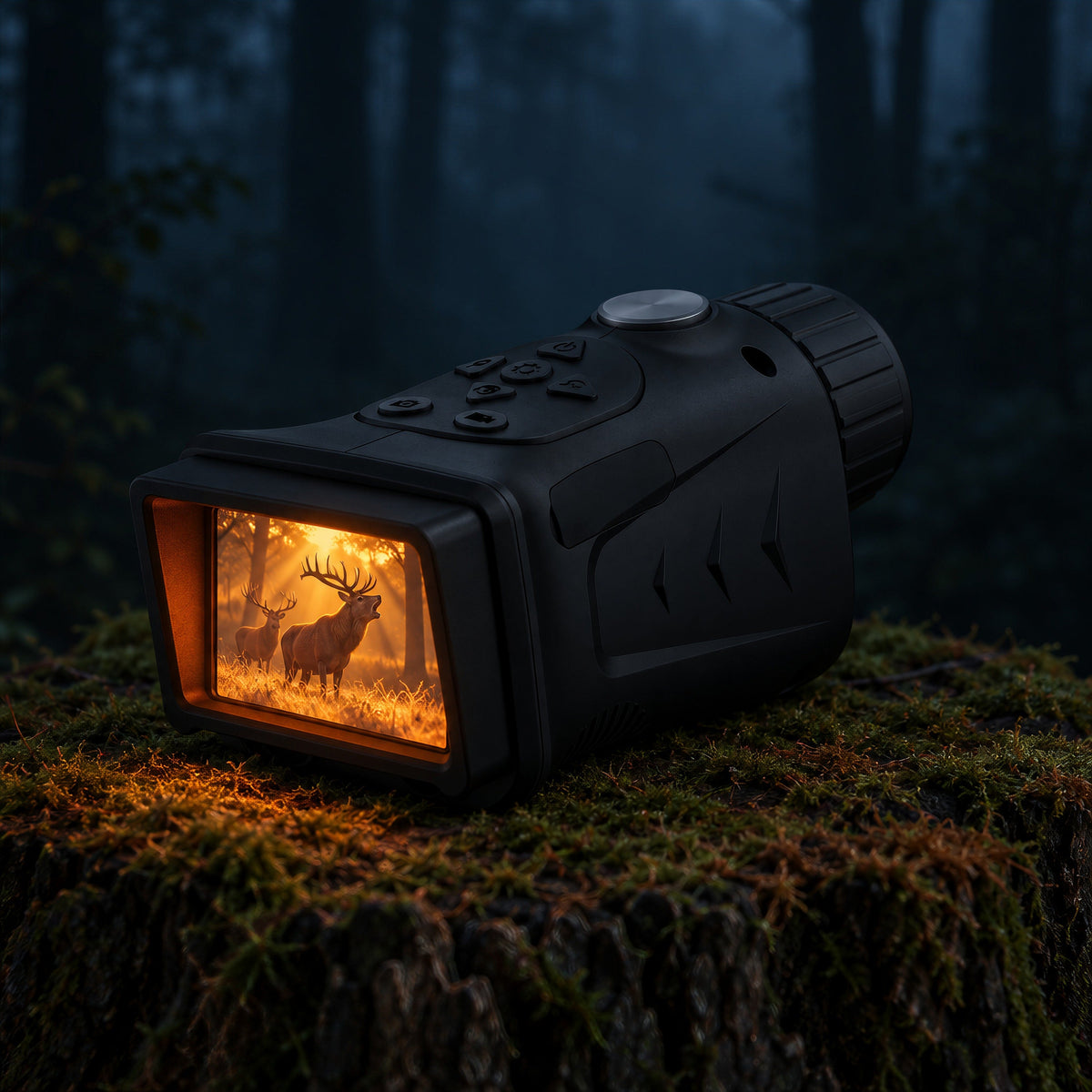 Monoculaire de vision nocturne posé sur une souche moussue en forêt, la nuit, écran allumé montrant deux cerfs qui brament