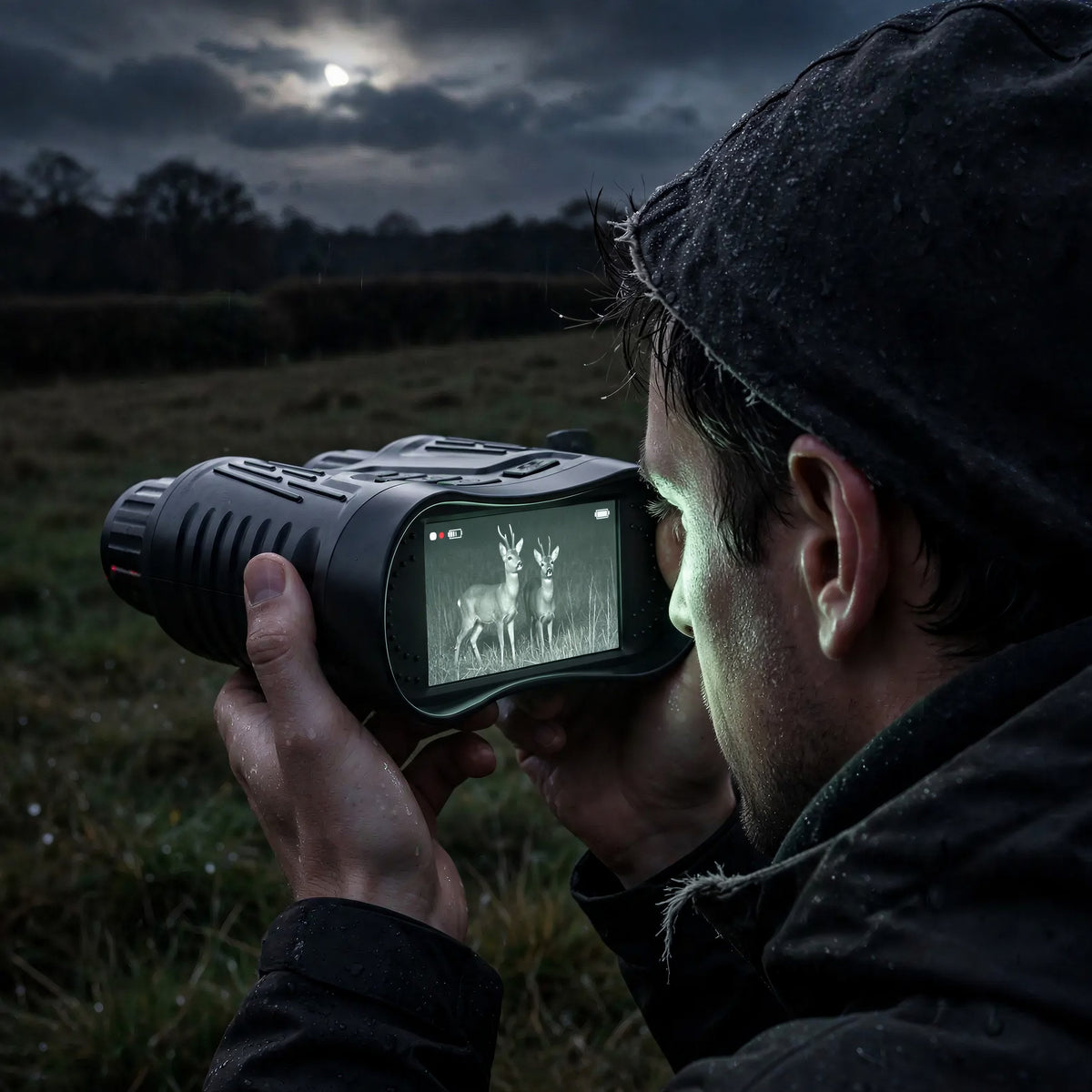 Homme qui observe la nuit à travers ses jumelles de vision nocturne ZS N350J