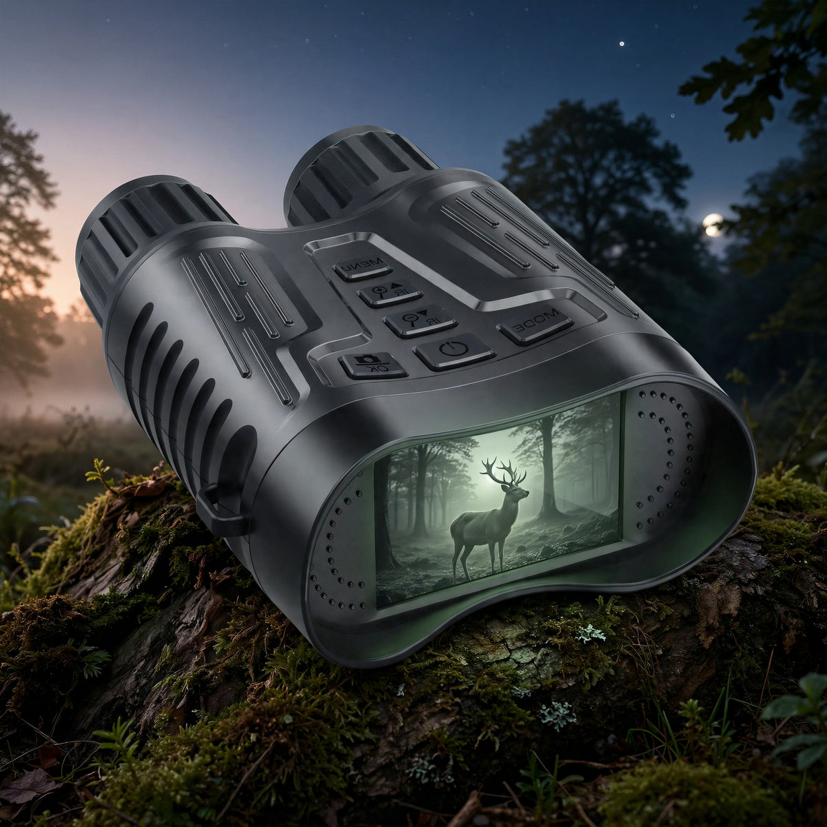 Jumelles de vision nocturne ZS N350J allumées sur un tronc moussu, ciel de nuit vers l'aube