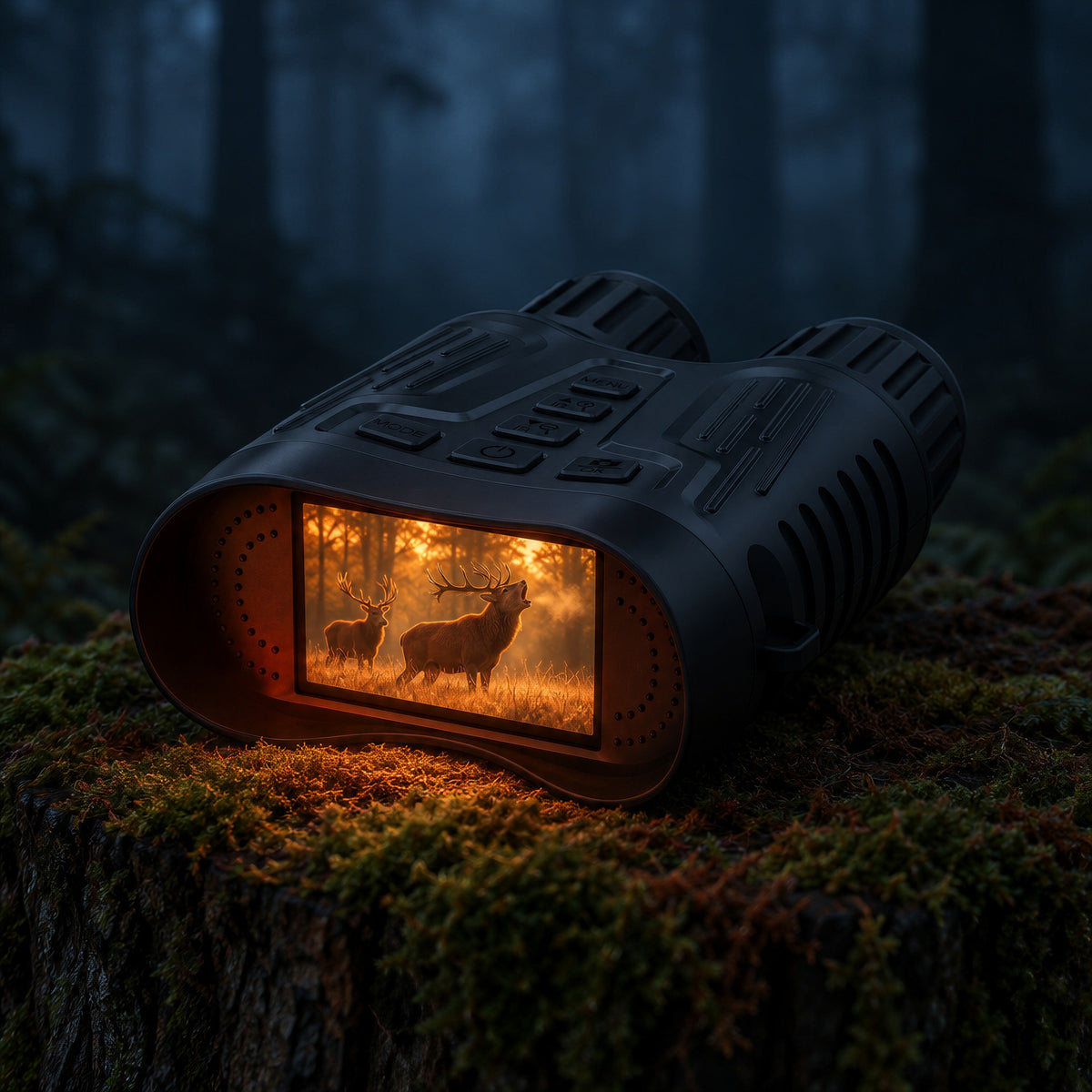 Jumelles de vision nocturne posées à plat sur une souche moussue en forêt, la nuit, écran allumé montrant deux cerfs qui brament