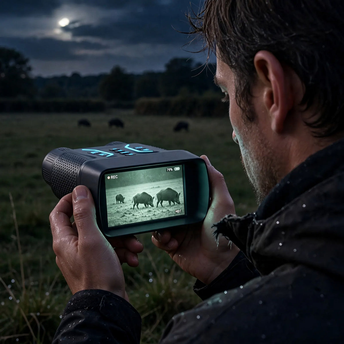 Homme qui observe la nuit à travers ses jumelles de vision nocturne ZS N400J