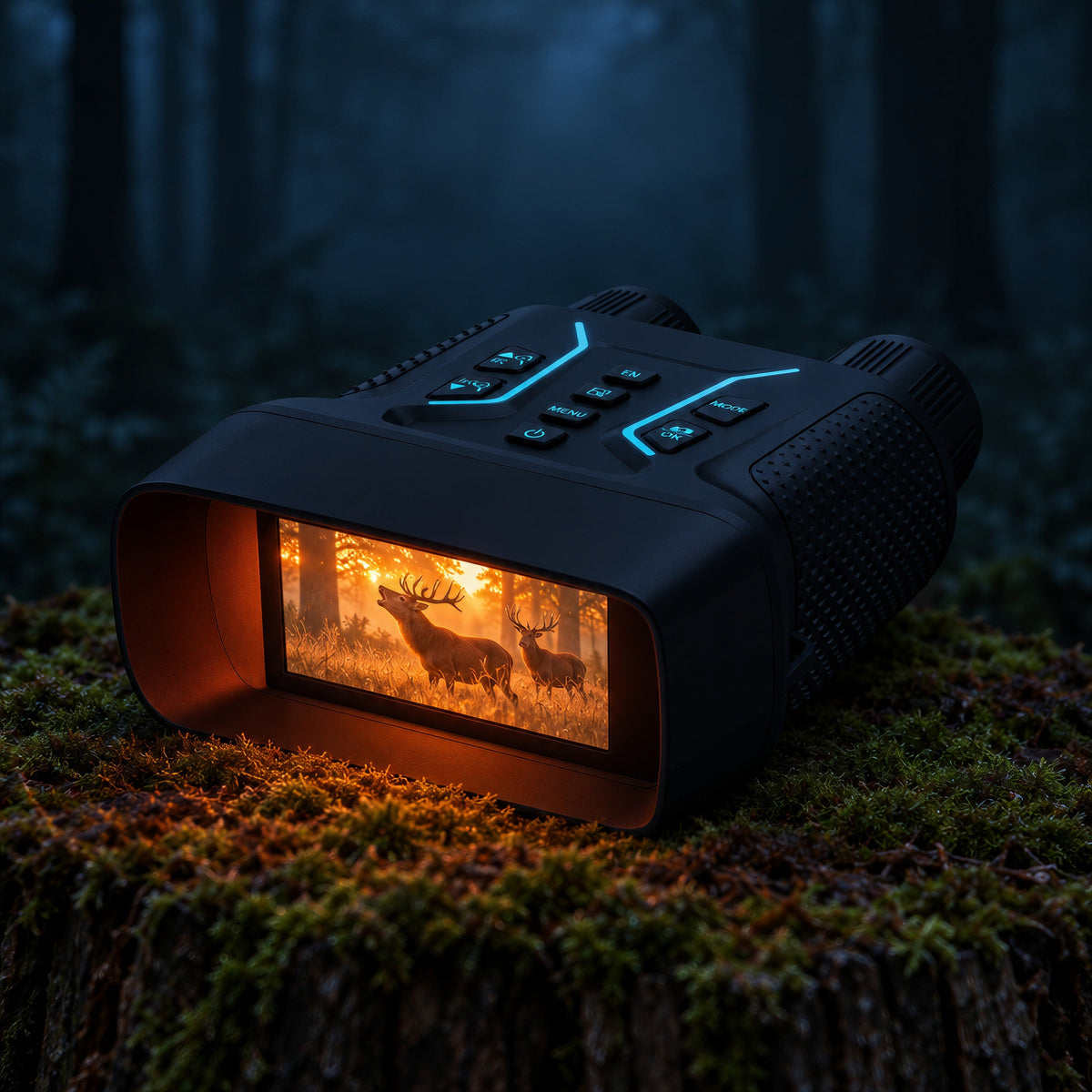 Jumelles de vision nocturne posées à plat sur une souche moussue en forêt, la nuit, écran allumé montrant deux cerfs qui brament