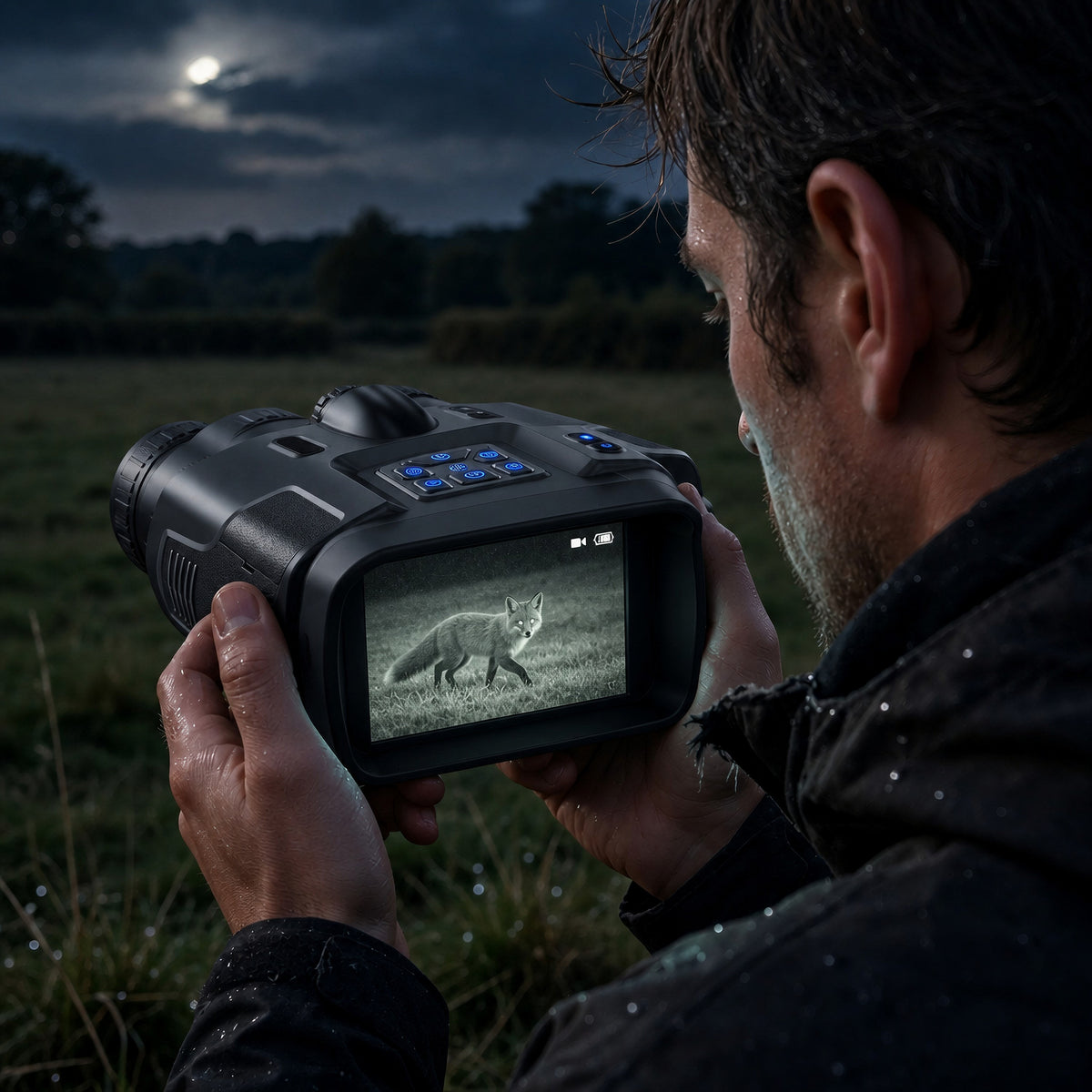Homme qui observe la nuit à travers ses jumelles de vision nocturne ZS N500J